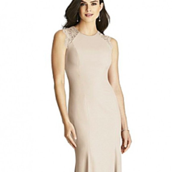 New Dessy Cameo Blush Lace Back Dress, Bridesmaid Formal Champagne Wedding - Picture 2 of 11